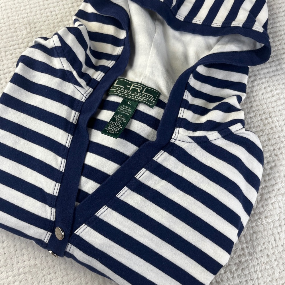 Lauren Ralph Lauren Active Striped Henley Hoodie Navy Blue White XL